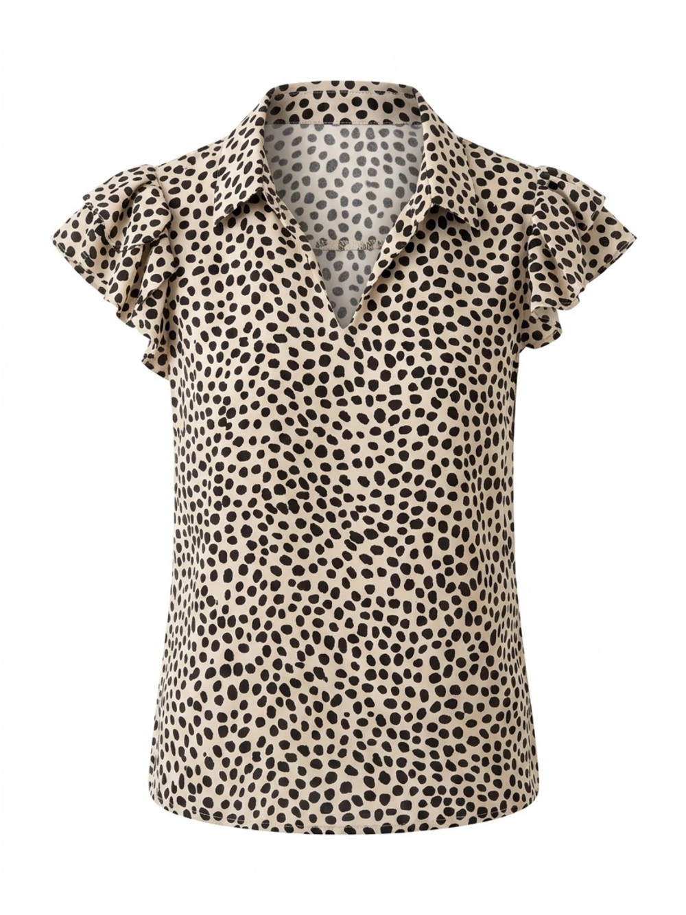 Tahari Cream Blouse with Black Dot Print and Flutter Sleeves
